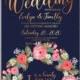 Pink rose, peony wedding invitation card dark blue background invitation template
