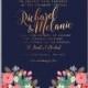 Pink rose, peony wedding invitation card dark blue background floral wreath