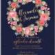 Pink rose, peony wedding invitation card dark blue background baby shower invitation