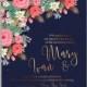Pink rose, peony wedding invitation card dark blue background birthday card
