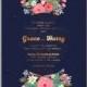 Pink rose, peony wedding invitation card dark blue background valentines day