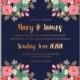 Pink rose, peony wedding invitation card dark blue background autumn