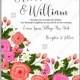 Pink rose, peony wedding invitation card modern floral design