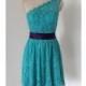 2015 One-shoulder Teal Lace Short Bridesmaid Dress with Dark Purple Sash - Hand-made Beautiful Dresses