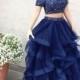 A Line Dark Blue Tulle Off Shoulder Long Prom Dress, Two Pieces Evening Dress,BD2801