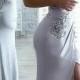 Sexy Sheath Jewel Light Grey Spandex Open Back Prom Dress With Appliques Split OKA33