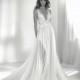 Pronovias 2018 RIADA Deep Plunging V-Neck Ivory Aline Sleeveless Sweet Sweep Train Chiffon Beading Wedding Dress - Customize Your Prom Dress