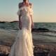 Christos Costarellos 2017 BR1724 Ruffle Ivory Mermaid Sweep Train Lace Off-the-shoulder Sweet Butterfly Sleeves Bridal Gown - Robes de mariée France