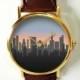 Cityscape On Dusk Watch,Vintage Style Leather Watch, Women Watches,Unisex Watch,Boyfriend Watch,Men's Watch