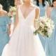 White A Line Brush Train Deep V Neck Sleeveless Layers Wedding Dress,Beach Wedding Dress W218