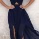 Outlet Dazzling Prom Dresses Chiffon A-Line Halter Floor-Length Backless Navy Blue Chiffon Prom Dress