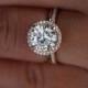 14k Rose Gold Moissanite Engagement Ring With Classic Moissanite Round 8mm And Diamond Halo Ring With Plain Gold Band