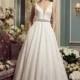 Mikaella Fall/Winter 2017 Style 2167 Lace Chapel Train with Sash Ivory Open Back V-Neck Ball Gown Sleeveless Wedding Dress - Truer Bride - Find your dreamy wedding dress