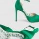 Gorgeous Emerald Green Satin Gucci Pumps With Blue Rosebud Print Leather Lining And Sole 