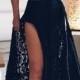 A-Line Halter Floor Length Black Open Back Lace Homecoming Prom Dress With Split