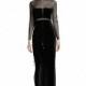 Kaititude K0003 Ankle-Length Black Sexy Fit & Flare Long Sleeves Illusion Velvet Zipper Up Split Front Prom Dress - Designer Party Dress & Formal Gown