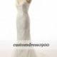 Elegant V-Neck Handmade Appliqued Tulle Bridal Gowns Sweep Train Ivory Sexy V-Back Mermaid Wedding Dress - Hand-made Beautiful Dresses