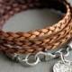 Leather Wrap Bracelet Brown Thin Flat Braid Sterling Silver Charm
