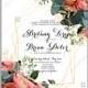 Pink peony, ranunculus eucalyptus floral wedding invitation vector card template luau