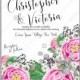 Garden pink rose peony Ranunculus peony wedding invitation template floral vector card summer