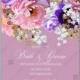Pink purple peony, blue hydrangea, eucalyptus floral wedding invitation vector card template bridal shower invitation