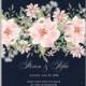 Pink Rose dumalis clematis wedding invitation vector card template on dark blue background greeting card