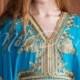Aqua Moroccan kaftan  Batwing Maxi Dress , Dubai Sexy Arabian Abaya one size fits from XS to 2XL  caftan with gold embroidery