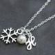 Sterling Silver Snowflake Necklace, Personalized Initial Jewelry, Winter Bridesmaid Gift, Pearl Initial Necklace