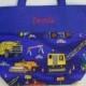 Boy's Tote bag, Personalized Tote bag, crayon tote Embroidered Tote bag, Toy Bag, Blue bag, Overnight bag, Construction Trucks Bag BTB5