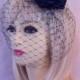 vintage Designer style NAVY Blue rose BRIDAL hair peice netted face veil fascinator hat feathers wedding party races funeral