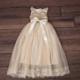 Champagne Cream Flower Girl Dress, Gold Sequin Top, Floor Length Dress, Beige Wedding, Sash Belt Set, Tutu Dress, Ball Gown, Lace, Boho Chic