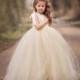 Lace Flower Girl Dress Ivory Lace  Flower Girl Dress with Champagne Tutu Style One Strap Off the Shoulder Tulle Dress for Girls