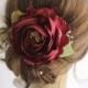 Marsala rose hair clip, Wine Bridal hair piece, Wedding floral hair accessory, Dark red satin fabric flower clip, Bridesmaids floral gift,