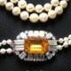 Long Pearl Necklace With Citrine Rhinestone Clasp