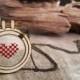 Cross Stitch Red Heart Wooden Necklace Birthday Valentine Mother's day Wedding BFF Best friend gift