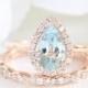Pear Aquamarine Engagement Ring and Scalloped Diamond Wedding Band in 14k Rose Gold Halo Diamond 9x6mm Blue Gemstone Ring Bridal Set