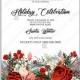 Christmas Party invitation floral decoration wreath burgundy red white rose fir pine cone red berry decoration bouquet