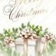 Merry Christmas Holiday card with fir wreath and gift boxes
