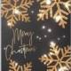 Merry Christmas Card invitation with gift box red bow gold balls and snowflake fir branch light garland star