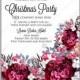 Merry Christmas Party Invitation Winter floral wreath decoration maroon peony peach rose white cotton winter