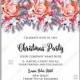 Watercolor floral Christmas Party Invitation wreath Cotton flower red berry fir floral wreath