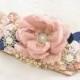 Wedding Bridal Sash Rose Blush Navy Blue Champagne with Pearls and Flowers Vintage Style Elegant