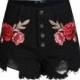 Must-have Embroidery Vintage and Worn High Waisted Floral Black Jeans Short - Bonny YZOZO Boutique Store