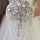 Brooch bouquet, Teardrop cascading silver and gray jeweled, Luxury design for royal wedding style, Pearl rhinestone jewelry crystal weddings