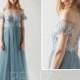 Bridesmaid Dress Dusty Blue Tulle Dress,Illusion Boat Neck Maxi Dress,Lace Applique Off Shoulder A Line Evening Dress Wedding Dress(LS362)