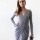 Light grey tulip wrap long sleeves dress, Long sleeves wrap grey gown 1034