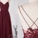 Bridesmaid Dress Wine Chiffon Dress,Wedding Dress,Spaghetti Straps Prom Dress,V Neck Maxi Dress,Illusion Lace Open Back Evening Dress(H497B)
