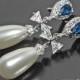 Pearl Bridal Earrings, Swarovski White Teardrop Pearl Earrings, Pearl Bow Dangle Earrings, White Pearl Navy Blue Earrings, Wedding Earrings