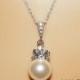 Pearl Crown Bridal Necklace, Swarovski 10mm Ivory Pearl Silver CZ Necklace, Bridal Jewelry, Wedding Pearl Necklace, Crown Charm Necklace