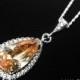 Champagne Crystal Bridal Necklace, Champagne CZ Silver Necklace, Teardrop Halo Necklace, Peach Cubic Zirconia Pendant, Prom CZ Necklace